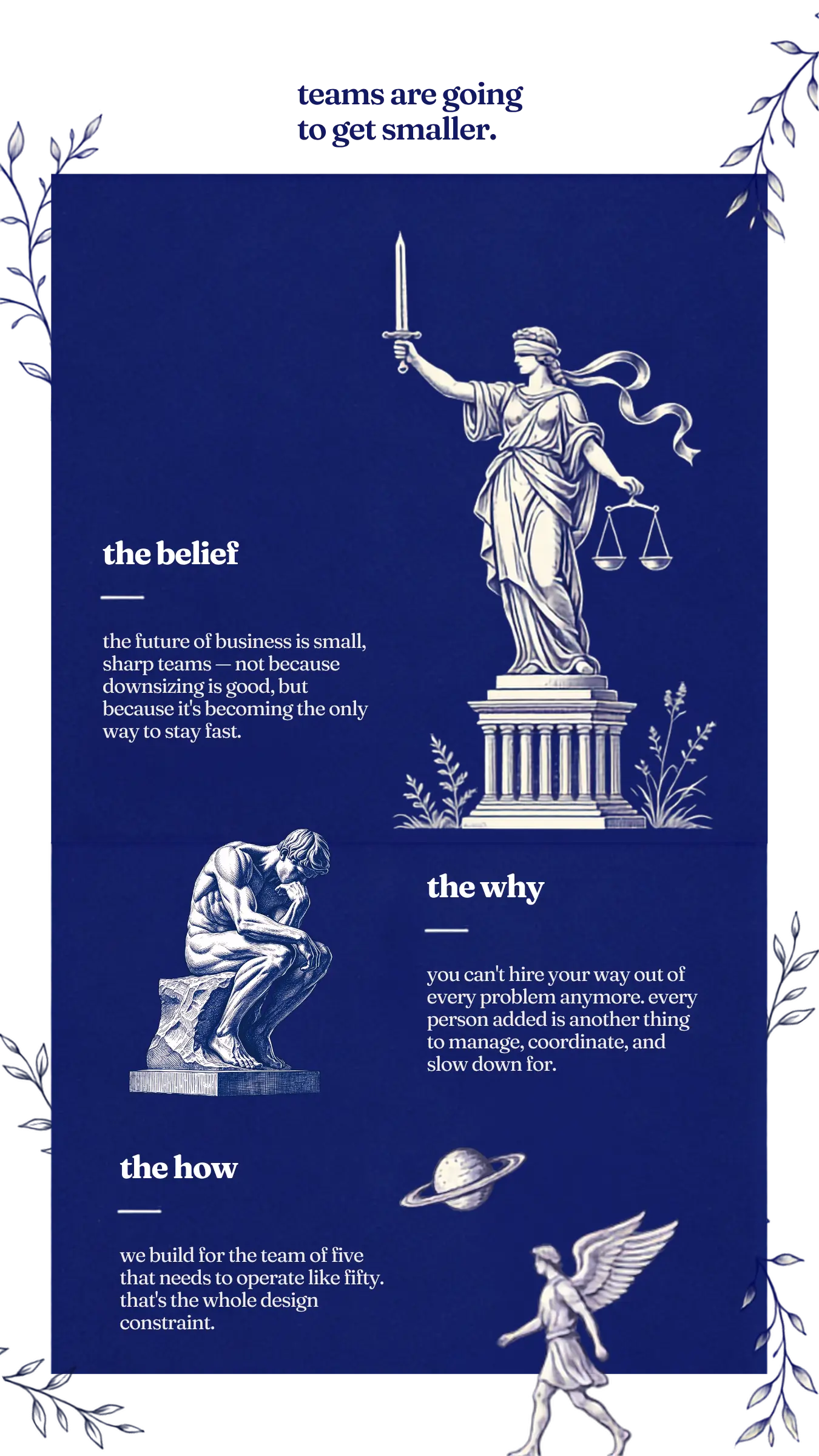 the belief: the future of business is small, sharp teams — not because downsizing is good, but because it's becoming the only way to stay fast. the why: you can't hire your way out of every problem anymore; every person added is another thing to manage, coordinate, and slow down for. the how: we build for the team of five that needs to operate like fifty — that's the whole design constraint.